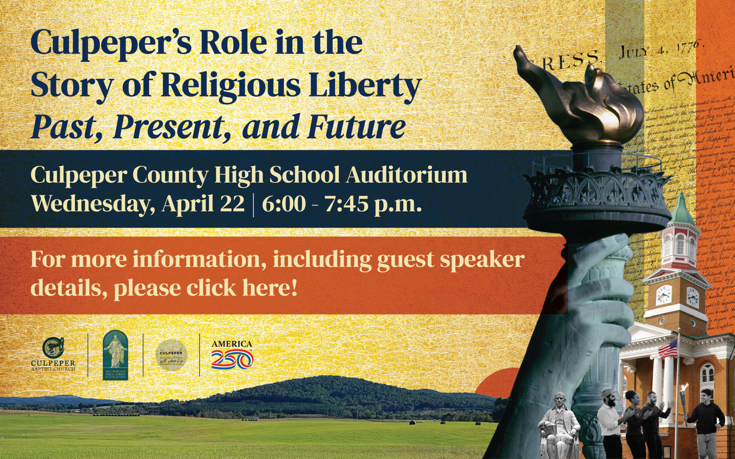 collage that includes symbols of religious liberty and liberty in general, including liberty's torch and culpeper's courthouse